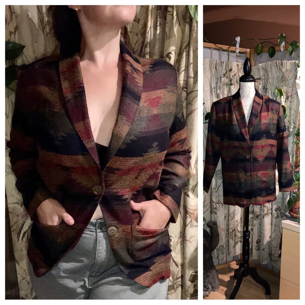 Vintage 80s Southwestern Prairie Knit Blazer Jacket Shoulder Pads sz Small